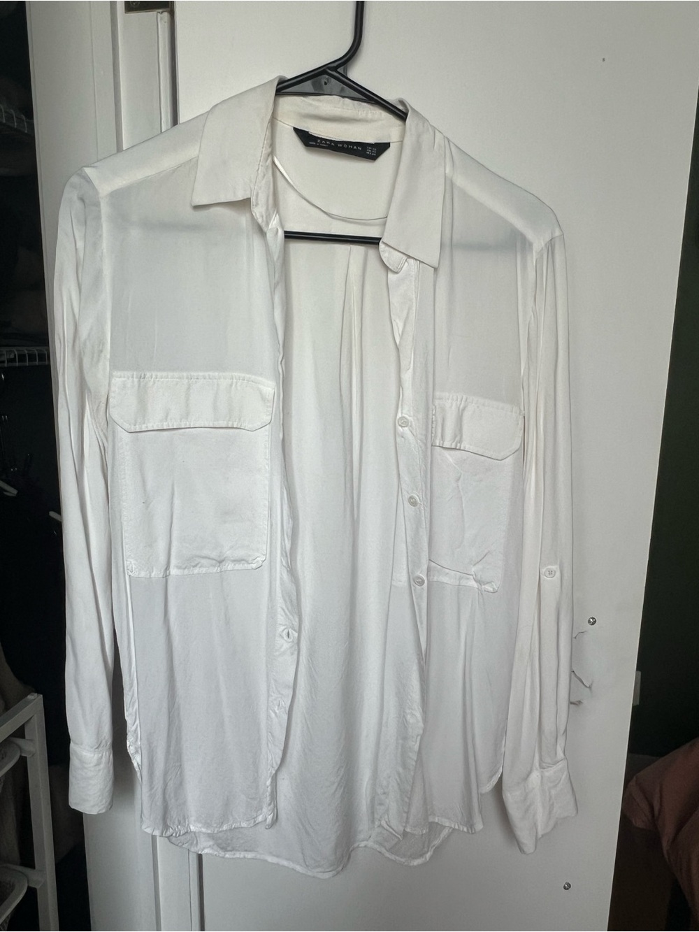 Zara White Button-Down Satin Utility Shirt